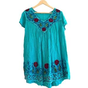 Vintage Mexican Folk Art Floral Embroidered Blue Tunic Blouse Large Boho Cottage